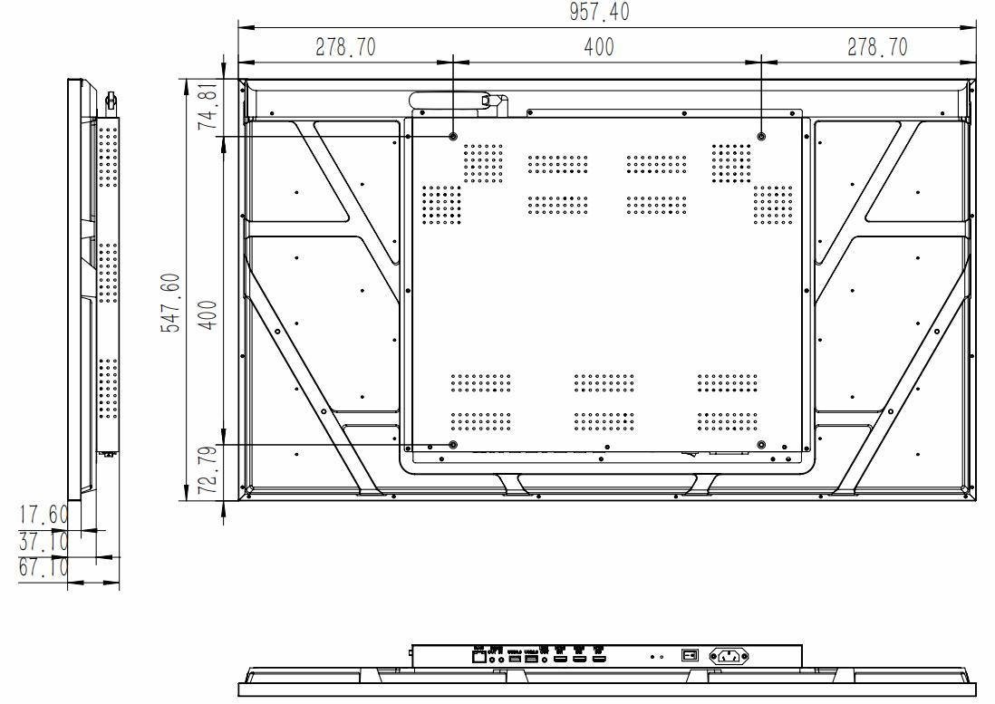 JM-BG4303 rear and side dimensional drawing